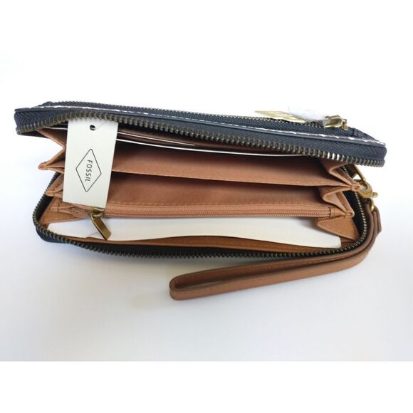 New! FOSSIL Logan RFID Wallet Zip Around Clutch Wristlet Strap Black Stripe - Picture 11 of 12